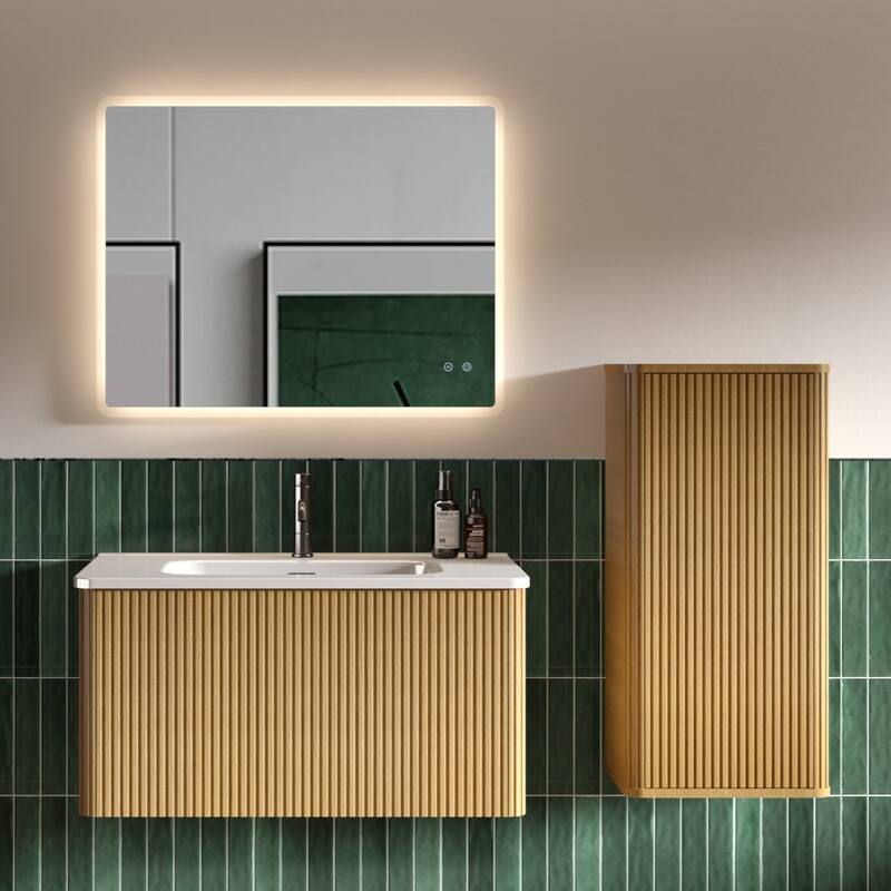 Wall-Mounted Floating Side Cabinet with Chic Striped Textures, Safe Curvy Design, Push-Open Door and Inside Shelves