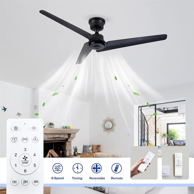 52" Flush Mount & Rod ABS 3 Blades Ceiling Fan with Remote Control No Lights