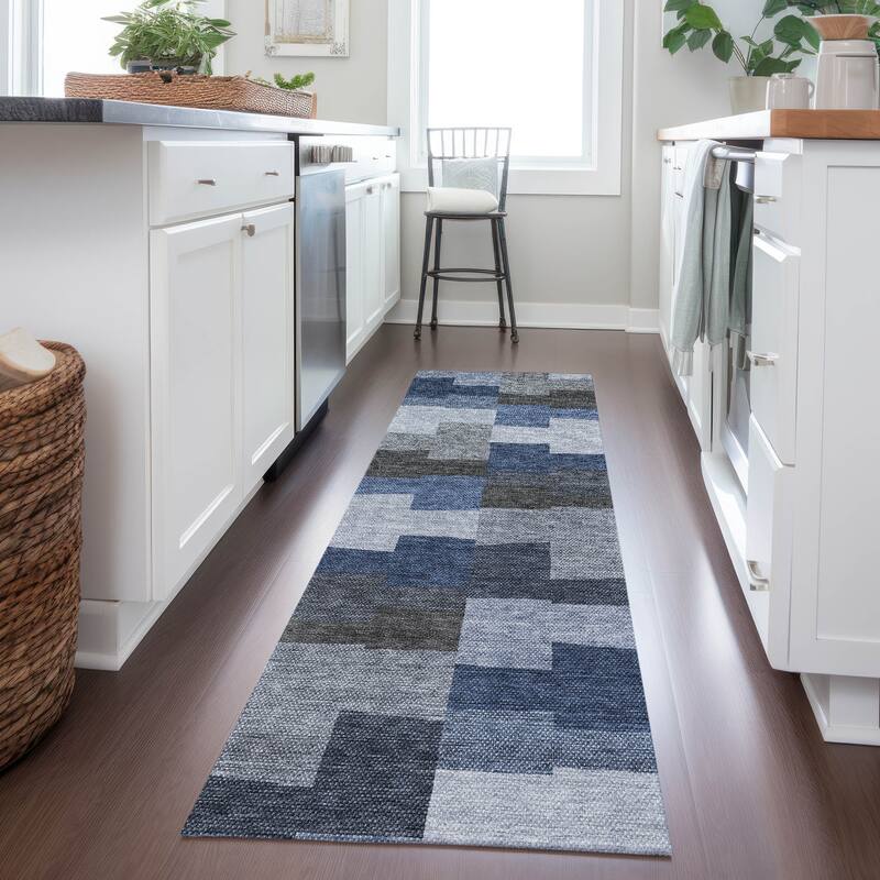 Machine Washable Indoor/ Outdoor Chantille Modern Blocks Rug - Blue - 2'3" x 7'6"