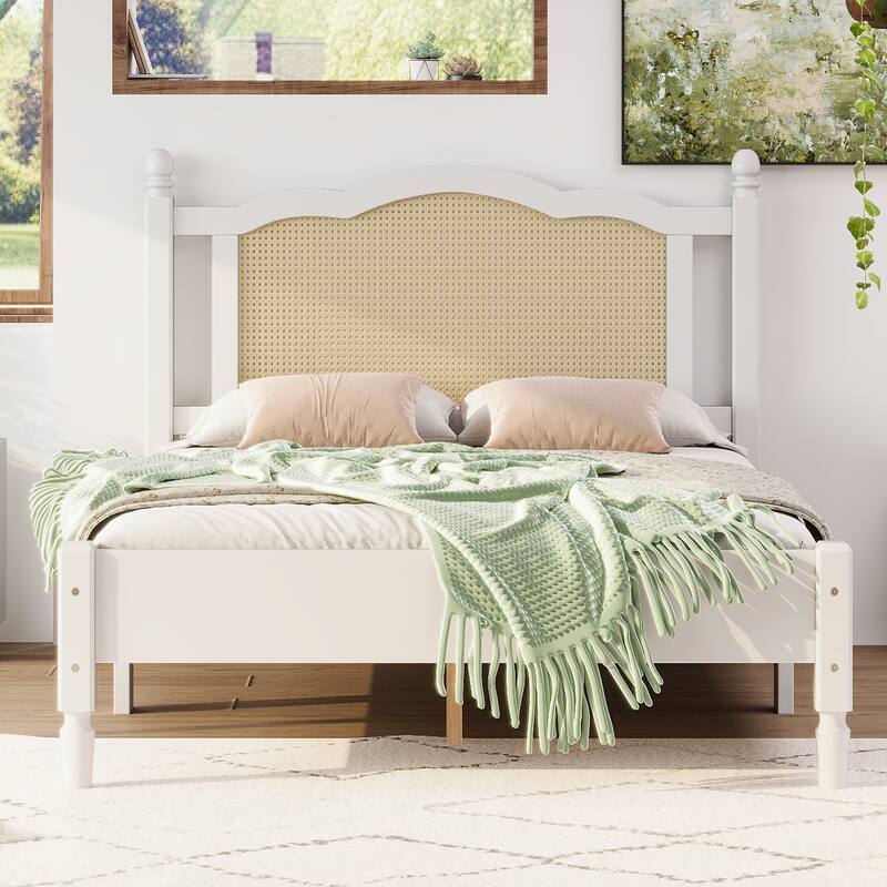 Queen/Full Size Wood Platform Bed with Natural Rattan Headboard, Vintage Bed Frame