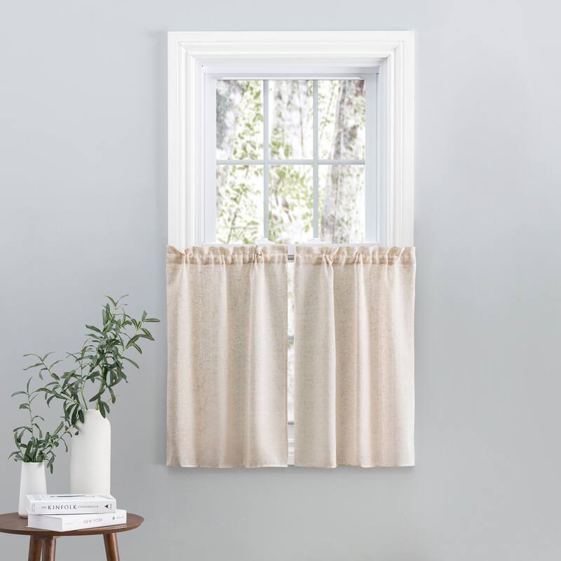 Shannon Premium Linen Rod Pocket W Header Kitchen Curtains - Tier, Swag or Tailored Valance (Sold Separately) - 52"W x 24"L Tier Pair - Natural