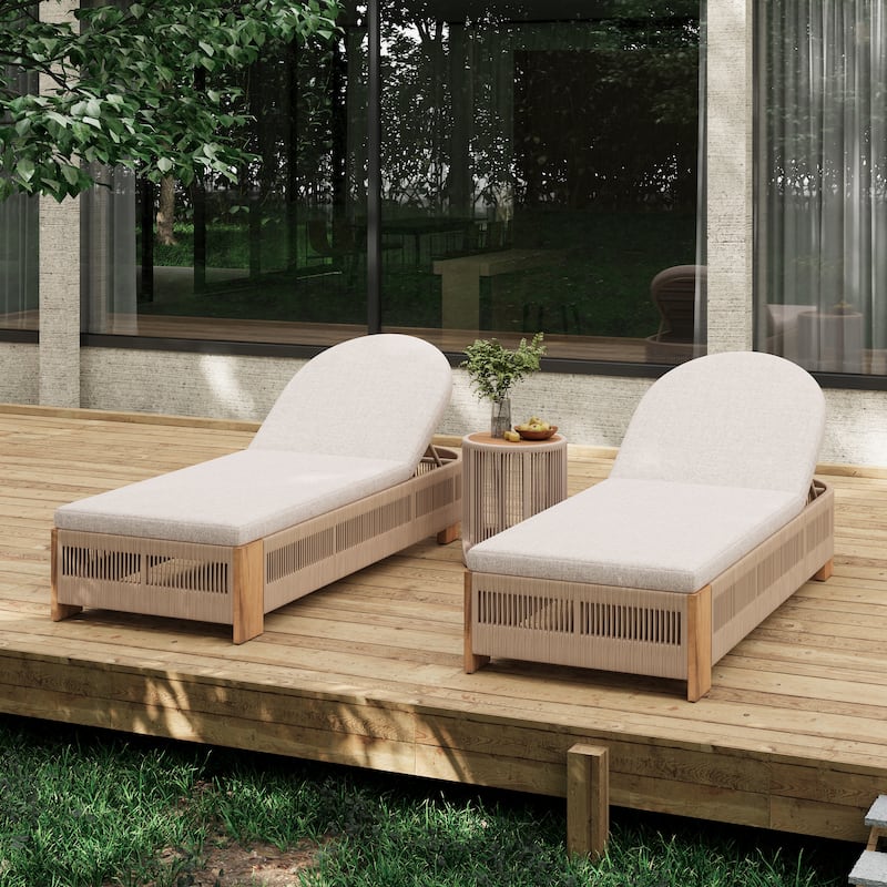 Premium Rope Chaise Lounge Set• Wood Frame with All-Weather Beige Cushions•Includes Adjustable Backrest & Matching Side Table - Teak+ Beige