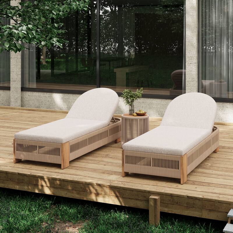 Roomfitters Outdoor Rope Chaise Lounge Set, 2 Adjustable Loungers, Side Table & Beige Cushions, Rope