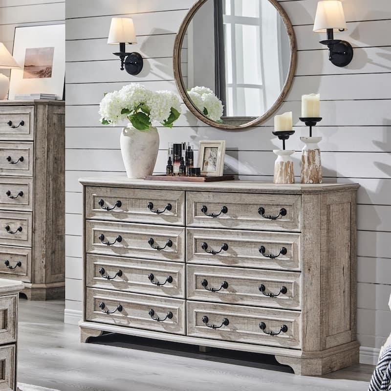 Farmhouse Drawers Dresser, Wood Chest of Drawers, Dressers Organizer - Light Rustic Oak - 8-drawer