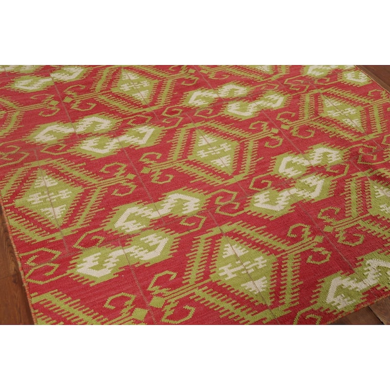 Geometric Kilim Oriental Area Rug Flatweave Pink Wool Carpet - 5'11"x 8'10"
