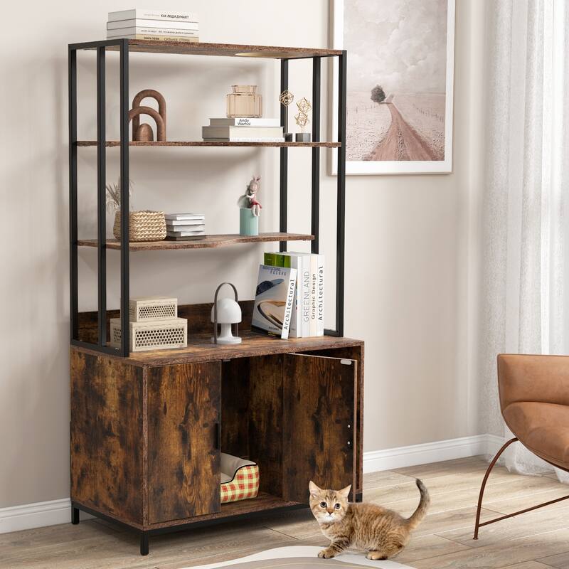 Cat Litter Box Cabinet with Storage Space & 3-Tier Shelves, Modern Design - 33.5" x 18" x 61"