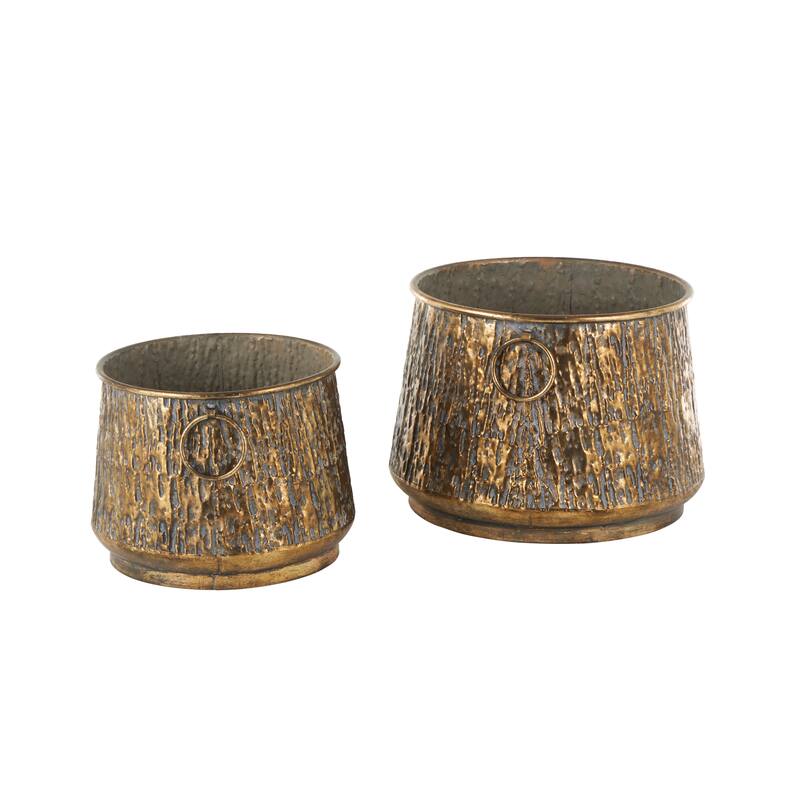 Brass Metal Textured Abstract Indoor Outdoor Planter with Gray Weathered Spots and Ring Handles (Set of 2)