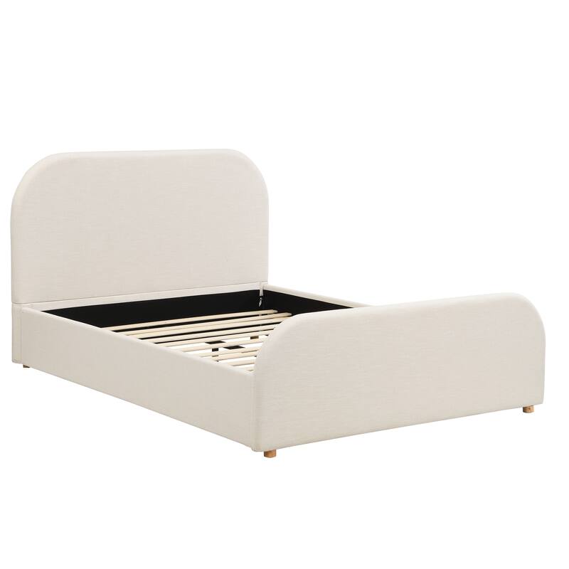 Queen Size Bed Frame with Linen Upholstered Headboard and Solid Wood Legs