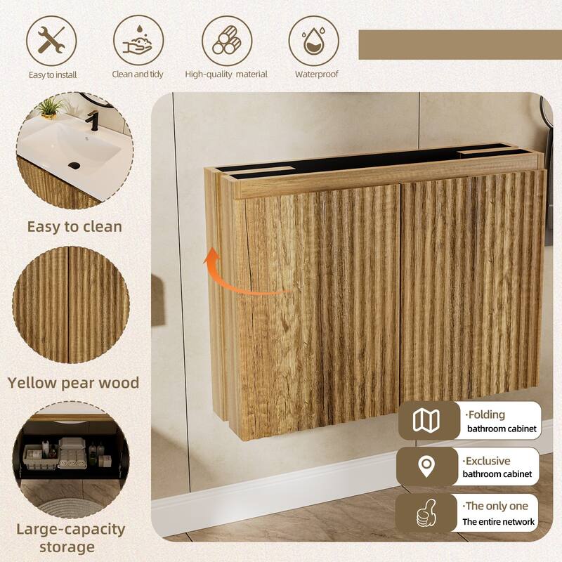 30 Inch Folding Wall Cabinet with Ceramic Sink, Patented 1-Minute Install, Space-Saving Modern Bathroom Cabinet