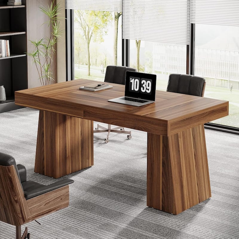 55" Executive Desk, Mid-Century Modern Wood Home Office Desk - Walnut Brown