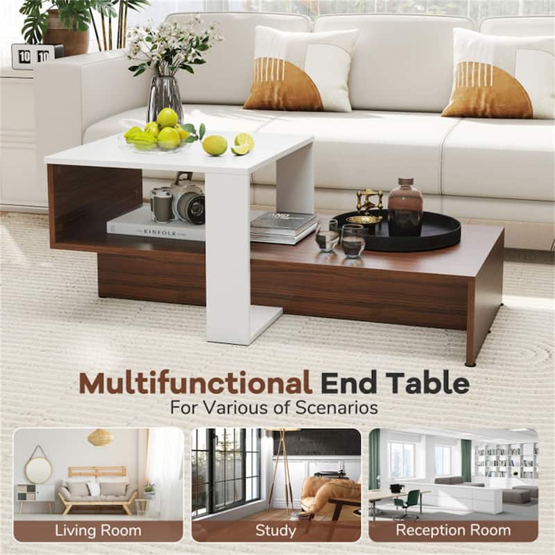 White-Brown Engineered Wood Geometric Coffee Table with 2 Tier Storage - 31" x 16" x 13" (L x W x H)