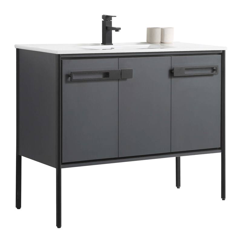 Fine Fixtures Oakville Bathroom Vanity with White Ceramic Sink - 42 Inch - Onix Grey - Black Hardware