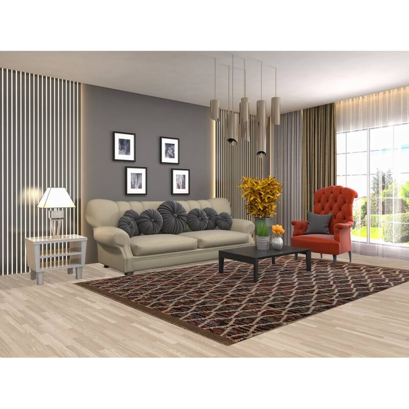 Hand Knotted Oriental 100% Wool Carpet Modern All-Over Black Moroccan Area Rug - 9' 7'' X 6' 3''