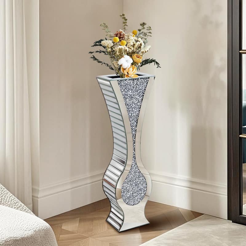 Silver 27" Tall Mirrored Vase Crushed Diamond Floor Vase Pampas Faux Flower Vase Glam Decor