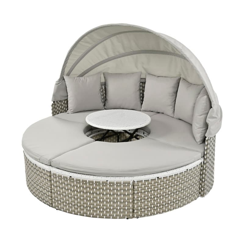 Round Patio Sectional Sofa Set – Two-Tone Rattan Daybed with Retractable Canopy & Modular Seating‌