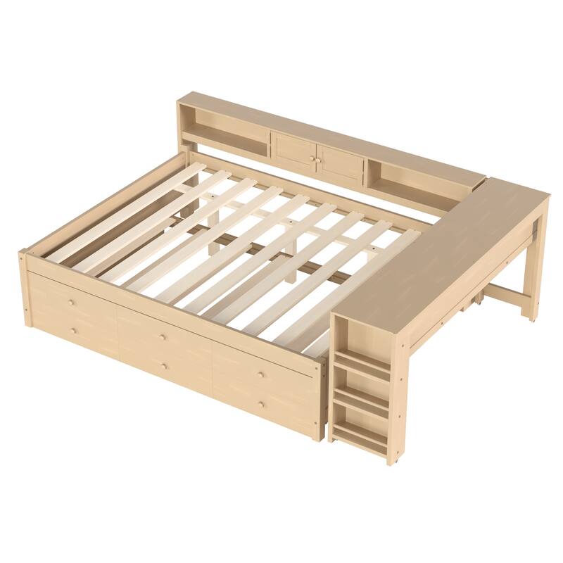 Full/Twin Daybed with Trundle & Storage Drawers - Wood Frame with Side Shelves and Desk