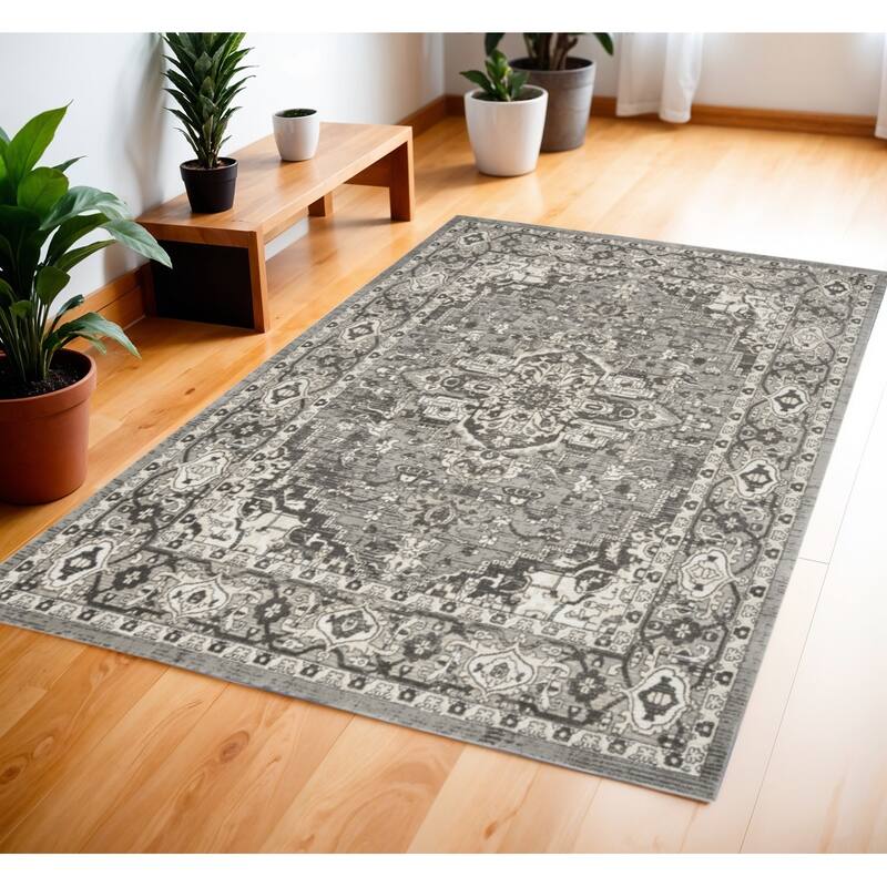 Mavag Power Loomed Distressed Traditional Durable Area Rug By HomeRoots - 69' X '45' X '0.32 - Gray and Ivory - Rectangle