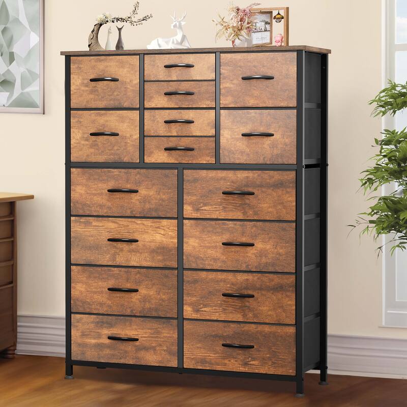 Moasis 16-drawer Dresser Chest with Metal Frame, Wood Tabletop - Rustic
