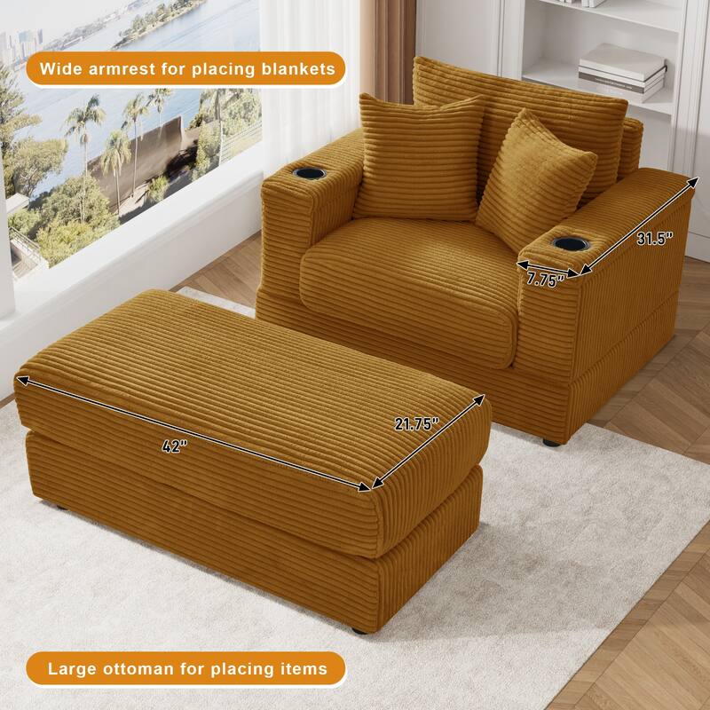 Ouyessir Upholstered Deep Seat Single Sofa with Ottoman for Living Room