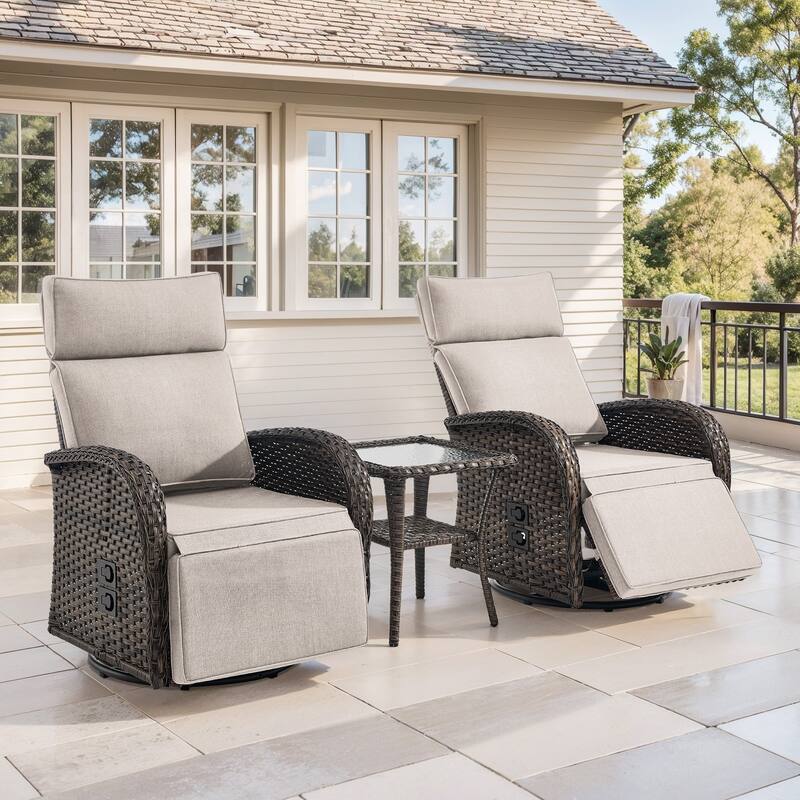 Meyreso 3-Piece Wicker Swivel Reclining Chaise Lounge with Adjustable Backrest & Footrest