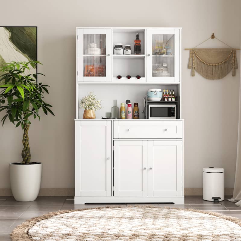 68 Inch High White Kitchen Pantry Cabinet with Hutch,Wine Rack for Dining Room