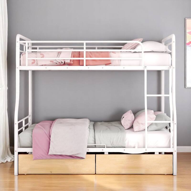 HomeRoots White Full Over Queen Contemporary Metal Bunk Bed With Drawers - White - 82.00 in. x 63.00 in.  x 62.00 in.