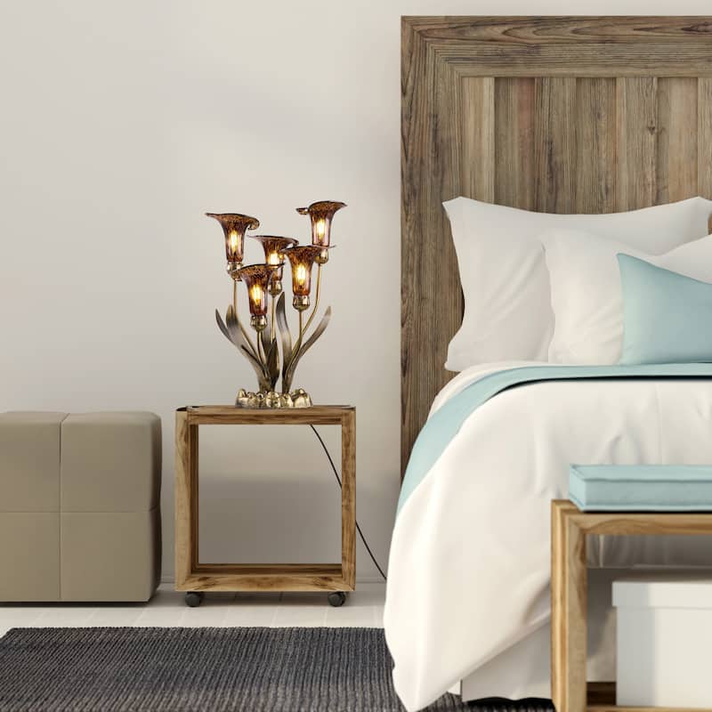 20-inch Antique Brass and Hand Blown Glass 5 Calla Lily Uplight Accent Lamp - 15" x 14" x 20"