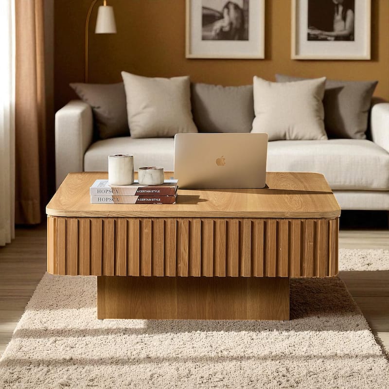 35.43" Modern Handcrafted Drum Coffee Table with Lift-Top and Hidden Storage, Square Wooden Accent Table - Natural