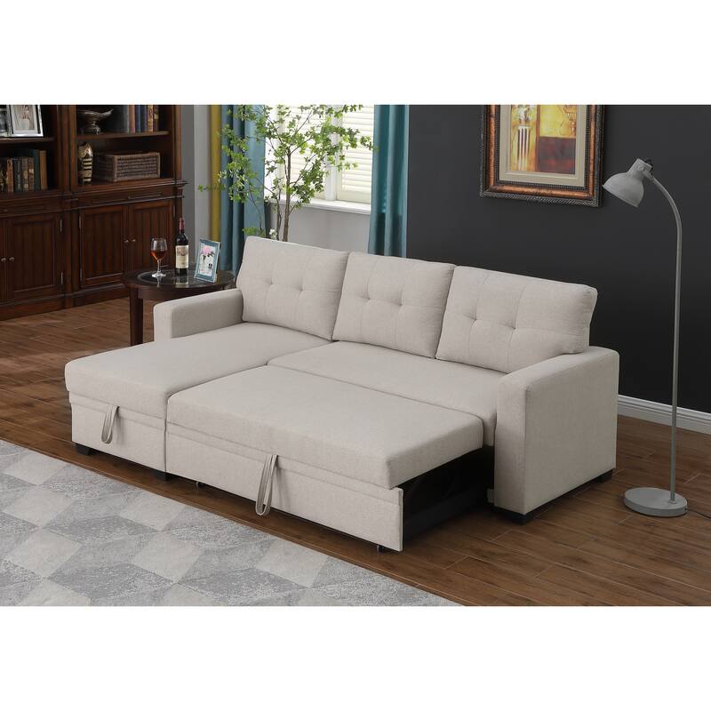 Beige Linen Upholstered Pull out Sectional Sofa with Chaise