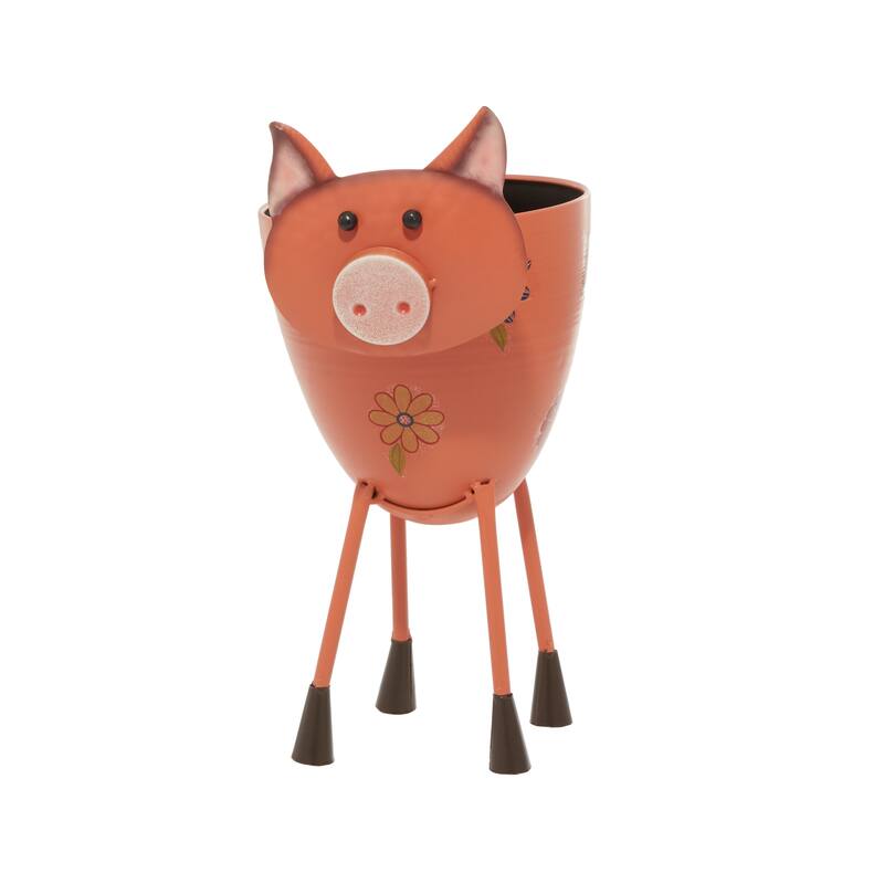 Pink Metal Pig Indoor Outdoor Planter with Floral Accents