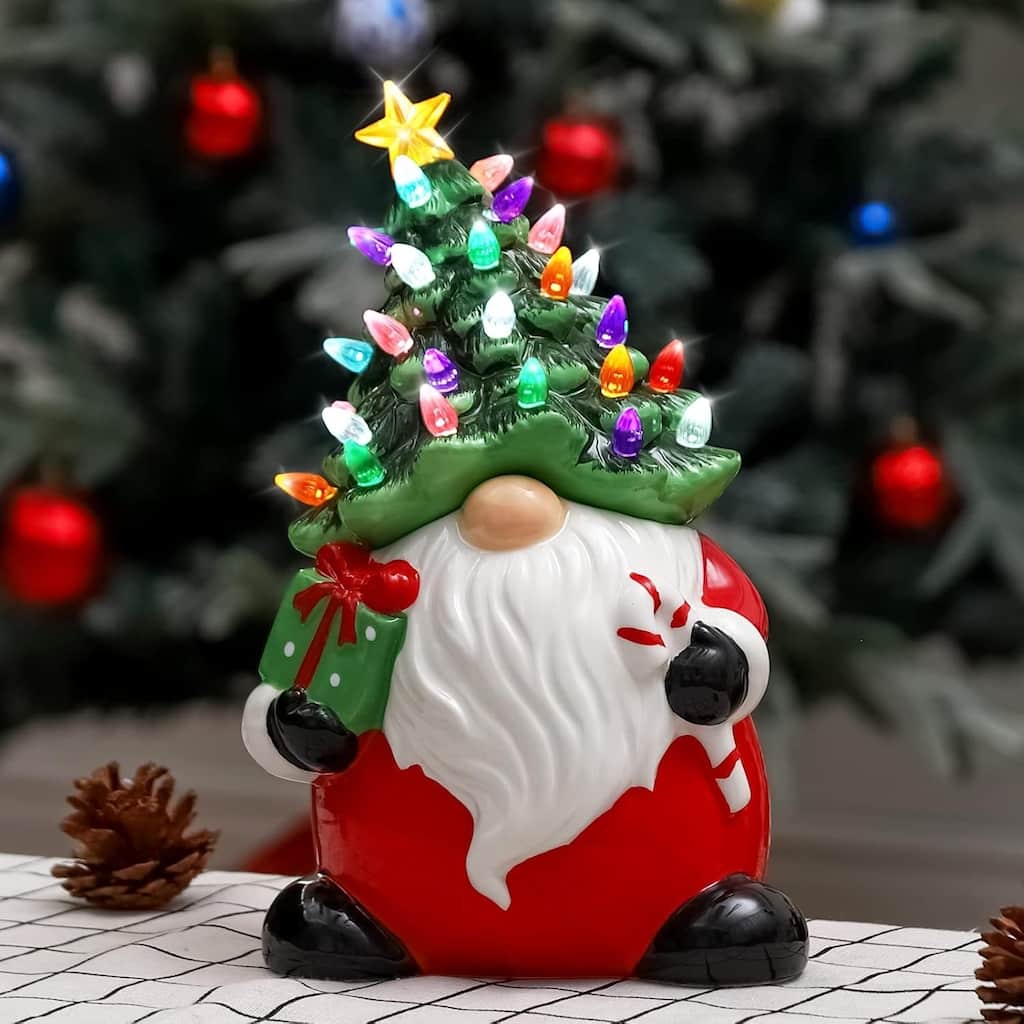 13 in Ceramic Santa Christmas Tree with 50 Colorful LED Lights Battery Powered - N/A