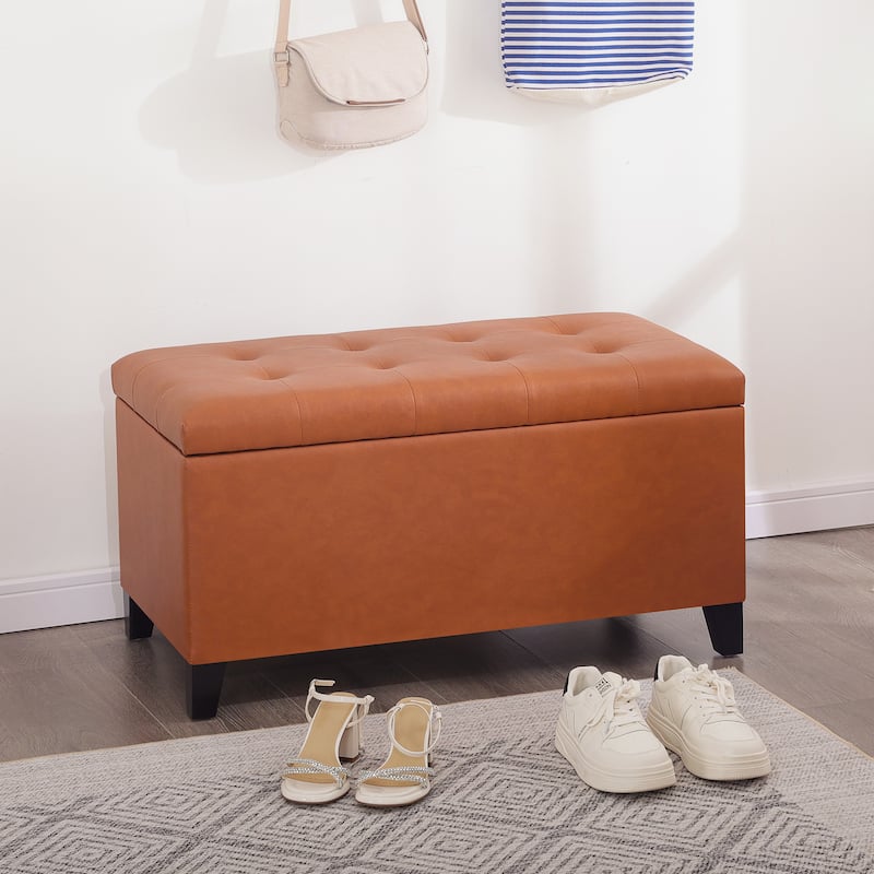 Adeco Rectangular Storage Ottoman Faux Leather Bench Lift-top Footrest