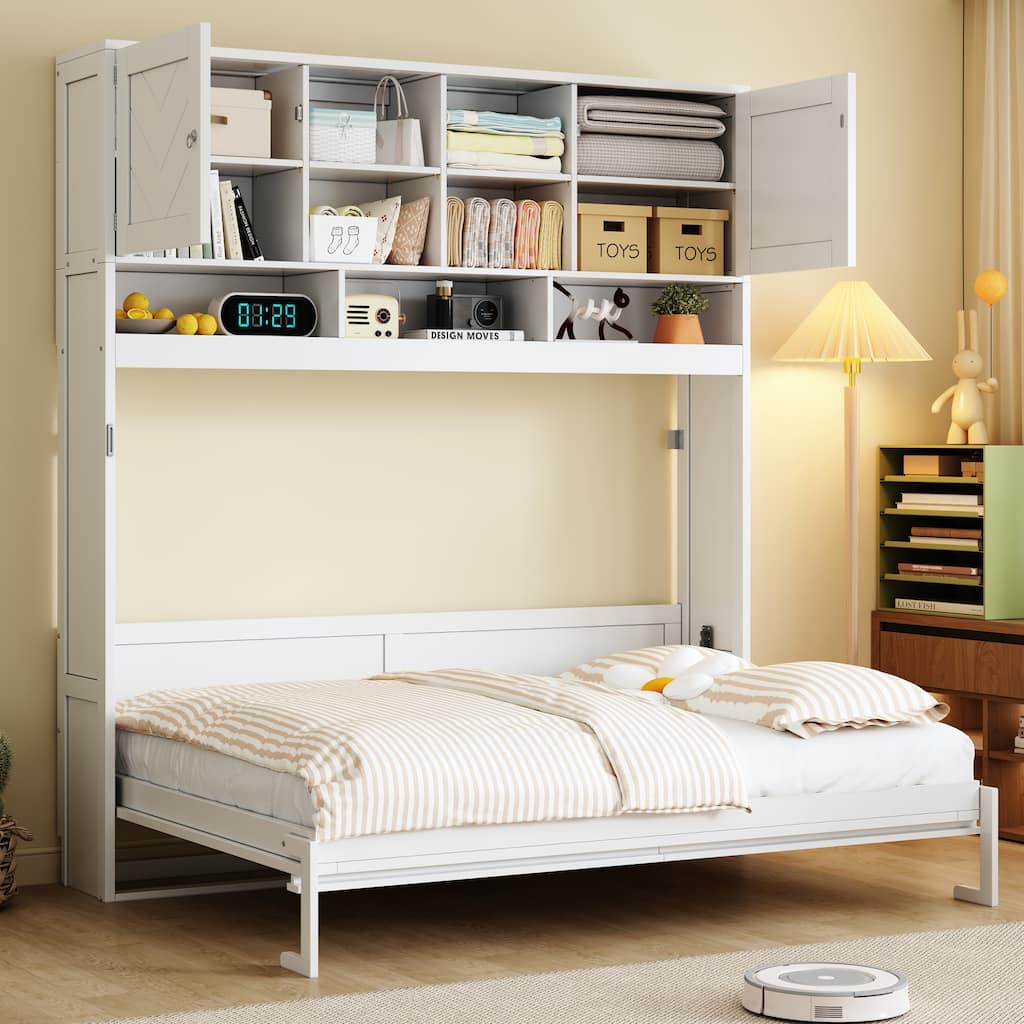 Queen Murphy Bed with Storage - Chevron or Diamond Stripes Wall Bed, Space-Saving Foldable Design