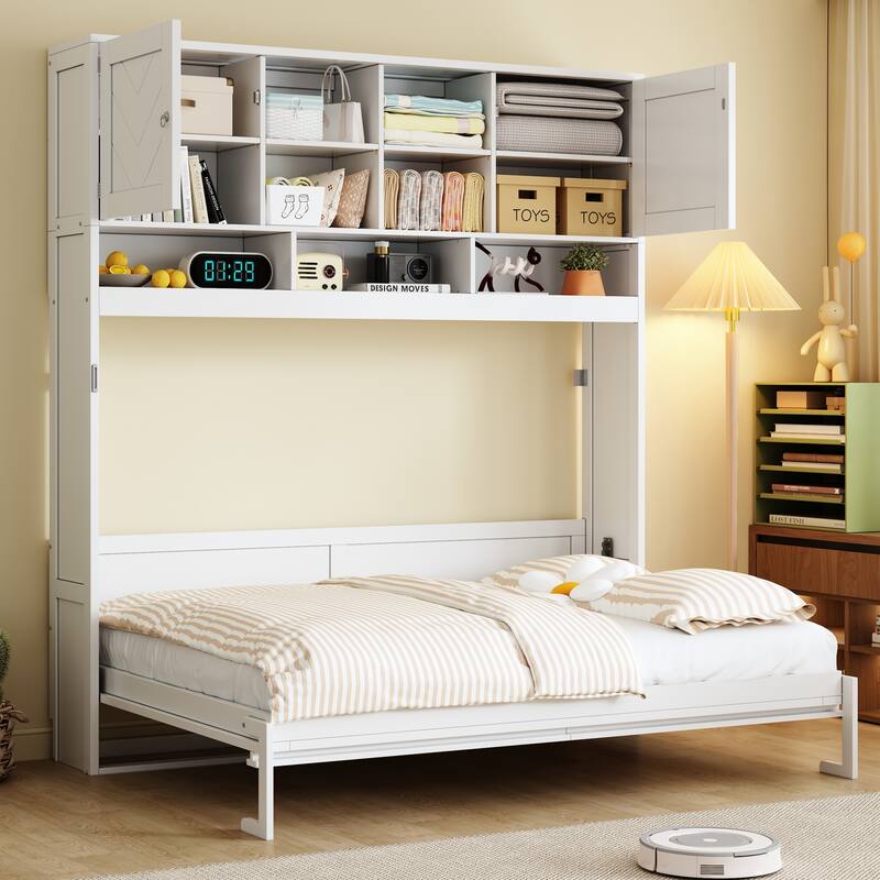 Queen Size Murphy Bed Wall Bed with Top Shelves and Chevron Stripes, Wooden Wall Cabinet Bed Frame, No Box Spring Needed