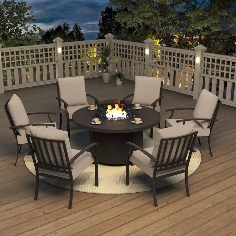 Metal 7 Piece Outdoor Dining Set with Round Fire Pit - 6Chairs + RoundFirepit