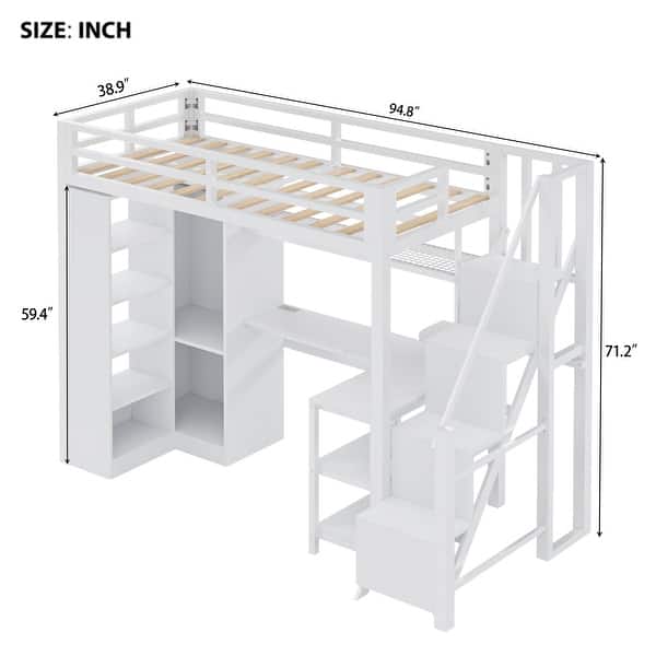 Twin Size Metal Loft Bed Frame with L-Shaped Desk, USB Ports, Storage Shelf, Wardrobe and Stepped Stairs for Bedroom