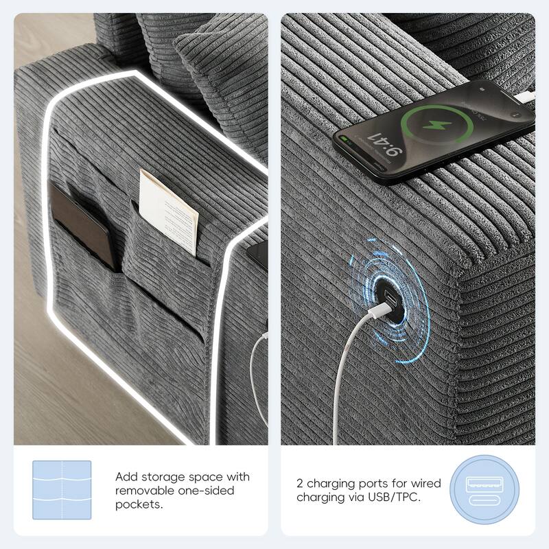 Convertible Modular Sofa 6 Seat Sectional Corduroy Couch with Side Pockets, Cup Holder, USB and Storage Ottoman for Living Room