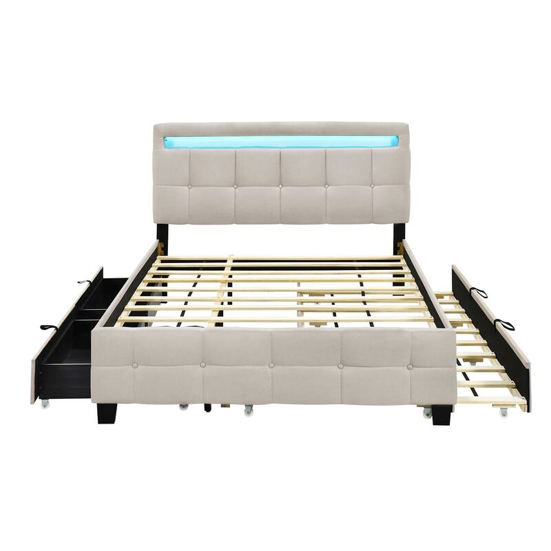Queen Size Linen Upholstered Platform Bed with Twin XL Trundle and 2 Drawers Wood Storage Bed Frame with LED & Tufted Headboard