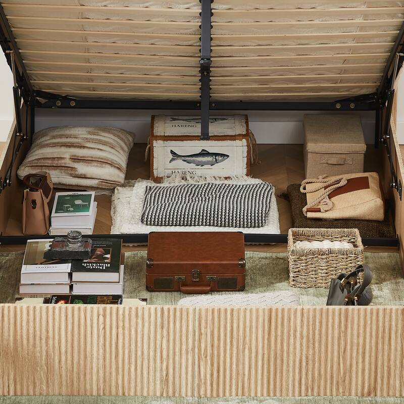 Queen Size Lift Up Storage Bed Frame, Wooden corrugated curved lines, Hydraulic Storage/No Box Spring Needed