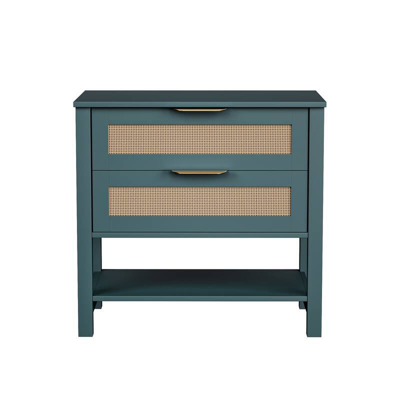 Rattan Nightstand with 2 Drawers and Storage Shelf Boho Bedside Narrow Side Table for Bedroom - Green