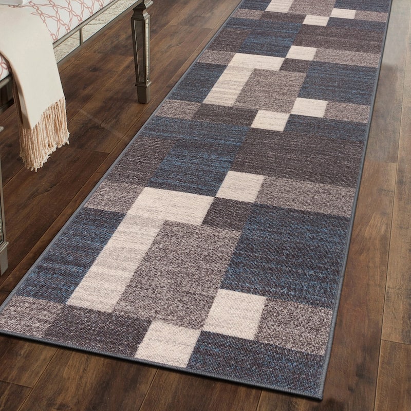 World Rug Gallery Modern Boxes Design Non-slip (Non-skid) Area Rug - 2' x 7' Runner - Blue