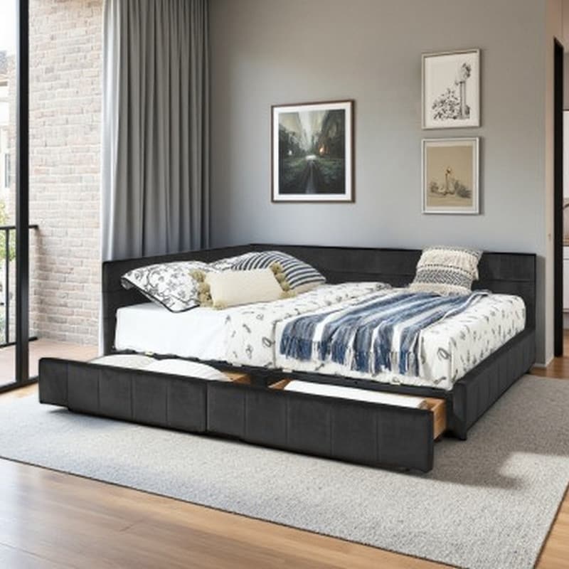 Mid-Century Queen Velvet Daybed with Storage Drawers, Tufted Sofa Bed Frame with Backrest & Armrest Design