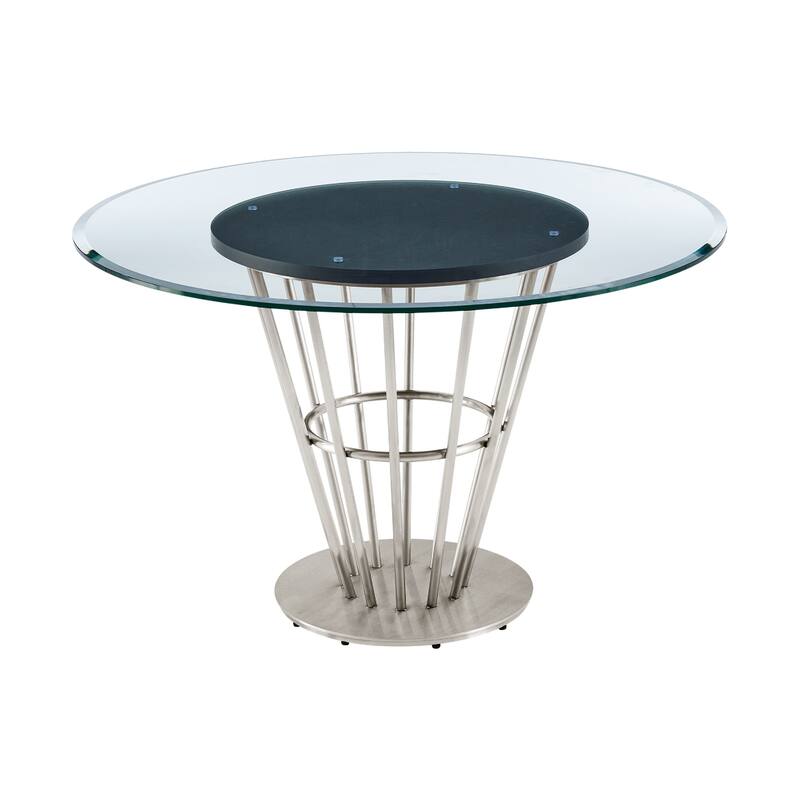 Vena Dining Table, Brushed Steel, Brown Wood, 48 Inch Glass Top - Walnut Brown, Silver, Clear