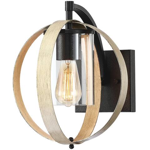 1-Light Distressed Black and Wood Tone Globe Cage Outdoor Wall Lantern Sconce Light with Clear Glass Cylinder - 11.7"H