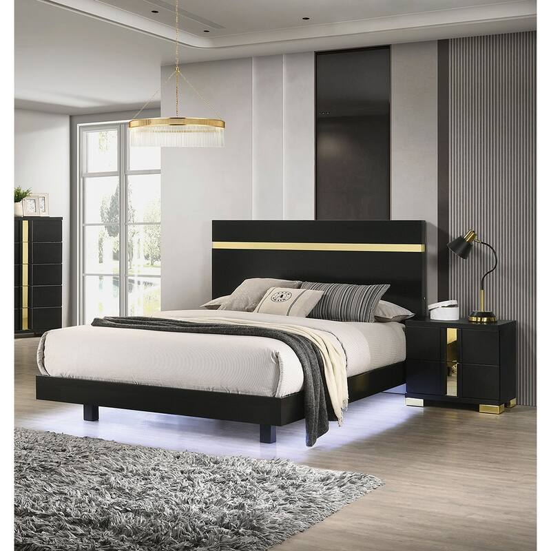 Full Size Engineered Wood LED Platform Bed Set with 2 Nightstands and Acrylic Trim - Black