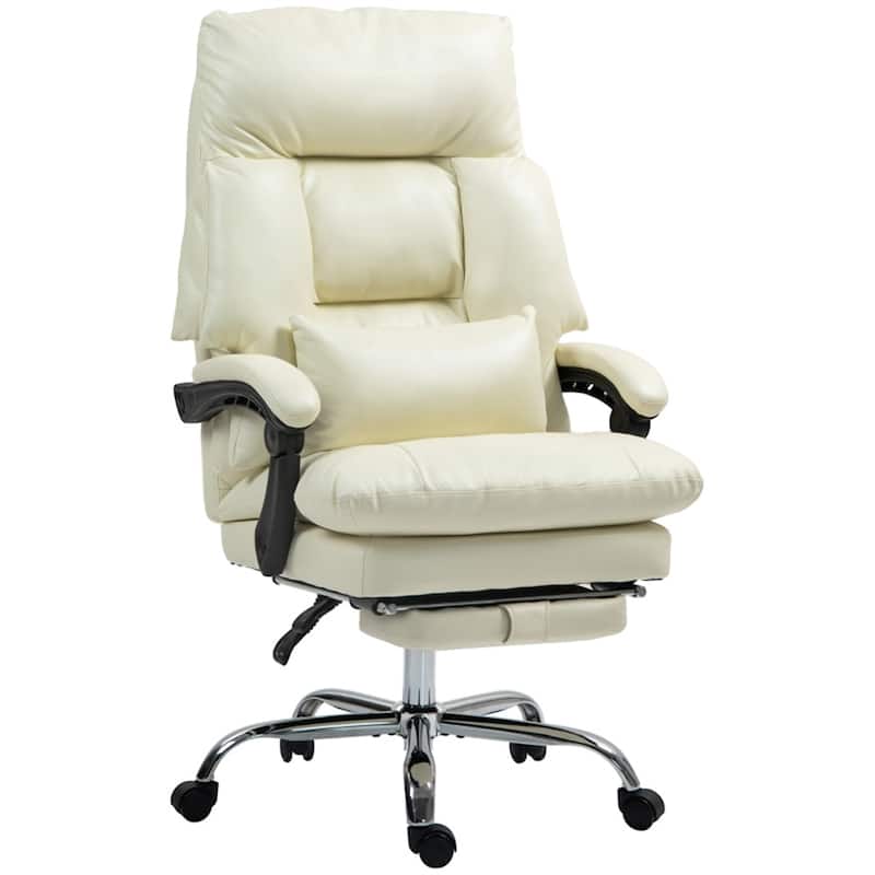 High Back Adjustable Seat Height PU Leather Desk Chair with Thick Cushion and Recline Function - Cream-White