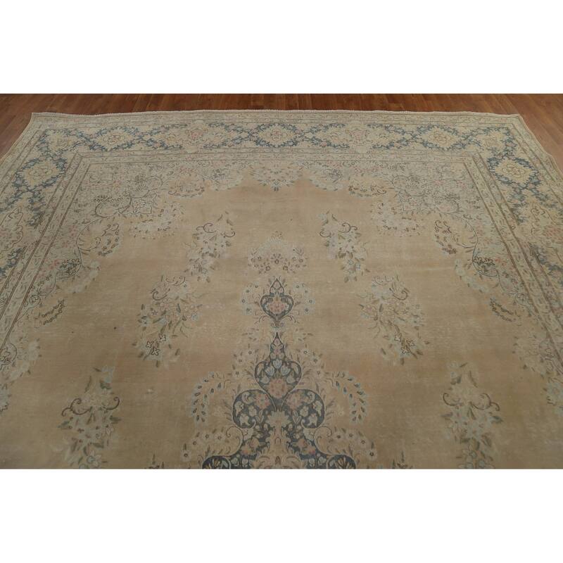 Distressed Floral Kerman Persian Area Rug Hand-knotted Wool Carpet - 10'1" x 14'1"