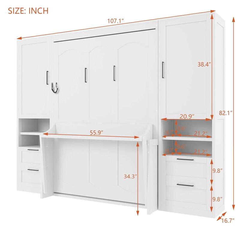 Full Size Murphy Bed Wall Bed with Closet,Drawers and Shelves