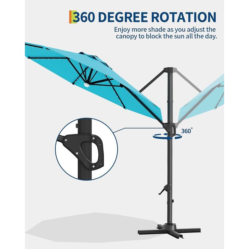 10FT Outdoor Cantilever Umbrella, 360-Degree Rotation, with LED