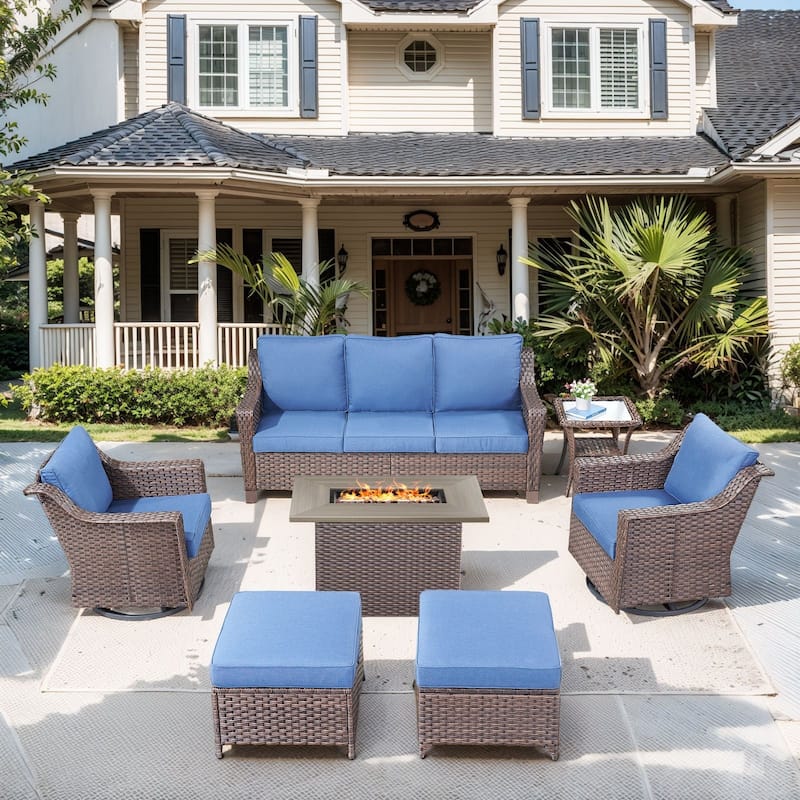 Outdoor Fire Pit Table with Sofa Funiture - Brown Wicker / Blue Cushion - 7-Piece Sofa Chair with Fire Table
